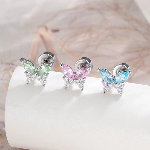 Butterfly Cartilage Stud Earrings Copper Zircon Inlaid With Titanium Steel Post Flat Back Piercing Jewelry For Women