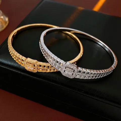 Koperen Armband Echt Goud Verguld Rechthoekige Zirkoon Inlay Holle Ketting Textuur Luxe Gesp Armring Voor Dames