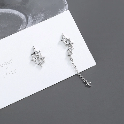 Asymmetric Four Pointed Star Tassel Drop Earrings For Women Copper Rhinestone Shiny Geometric Star Dangle Fashion Jewelry Gift