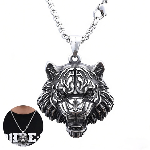 Tiger Head Pendant Necklace 316L Stainless Steel Vintage Viking Punk Gothic Jewelry For Men
