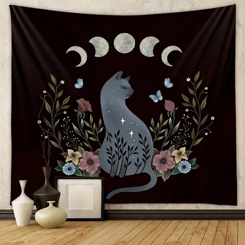 Black Cat Tapestry Polyester Moon Phase Witchy Gothic Wall Hanging For Bedroom Living Room Dorm Aesthetic Room Decor