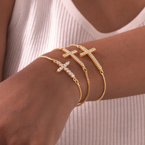 Adjustable Copper Gold Cross Bracelet For Women Zirconia Inlaid Box Chain Elegant Religious Fashion Jewelry Gift