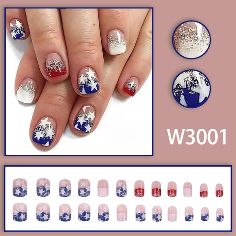 American Flag Theme Press On Nails Red White Blue Glitter Star Fake Nails For Party Wearable Manicure Art