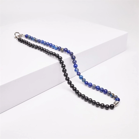 Men Stainless Steel Beaded Necklace Natural Black Obsidian Lapis Lazuli Tiger Eye Stones Handmade Minimalist Fashion Jewelry Necklace