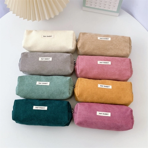 Corduroy Pencil Case Large Capacity Stationery Pouch Minimalist Zipper Bag Solid Color Leopard Print Aesthetic Storage