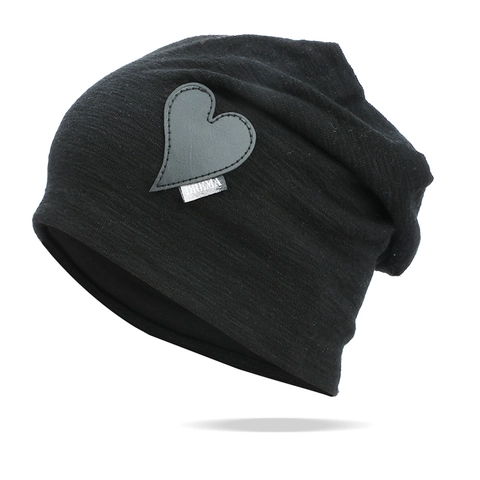 Knitted Beanie Hat Heart Leather Patch Slouchy Warm Winter Cap For Women Casual Solid Color Acrylic Ribbed Soft Outdoor