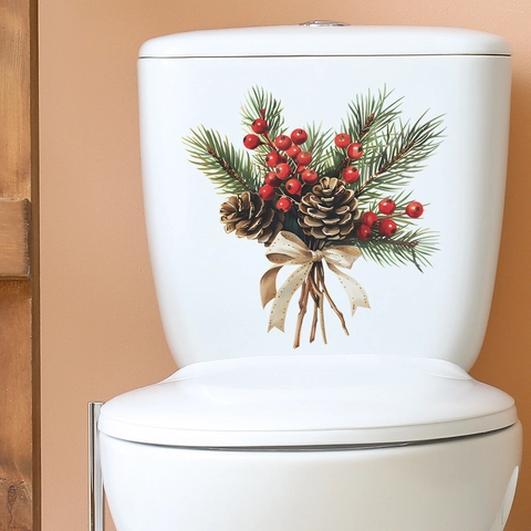 Adesivo Per WC Di Natale PVC Decalcomania Rimovibile Pigna Bacca Rossa Fiocco Floreale Decorazione Per Bagno Gabinetto