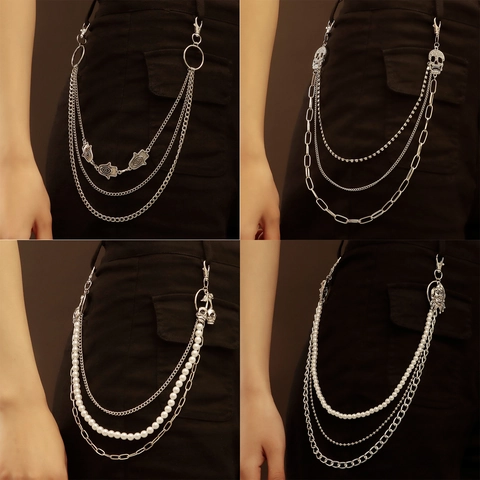 Damen Mehrlagige Taillenkette Punk Gothic Hose Kette Legierung Totenkopf Anhänger Gürtel Perlen Inlaid Körper Schmuck Zubehör