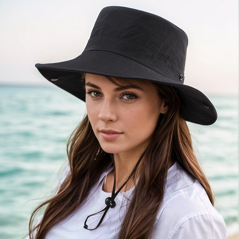 Women's Outdoor Wide Brim Bucket Hat Polyester Nylon Foldable Sun Hat With Adjustable Windproof Rope For Camping Hiking