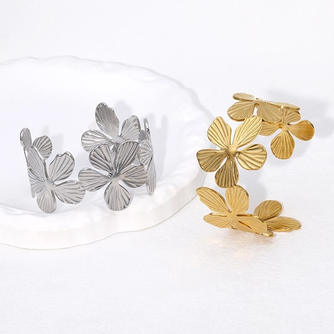 Hollow Flower Open Bangle Bracelet Stainless Steel 18K Gold Plated Adjustable Minimalist Jewelry For Women