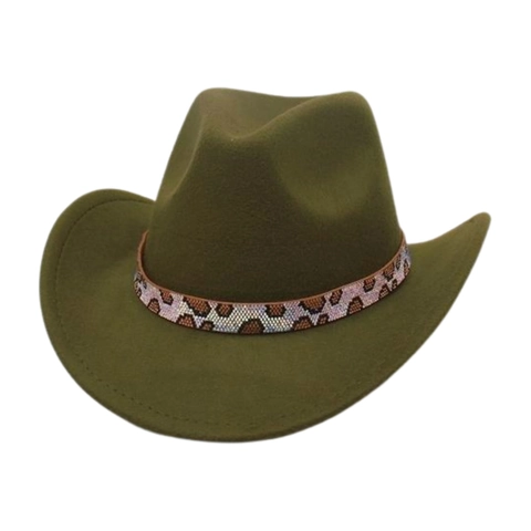 Western Cowboy Hat Polyester Felt Wide Brim With Leopard Print Beaded Band Leather Cord Vintage Ethnic Jazz Fedora
