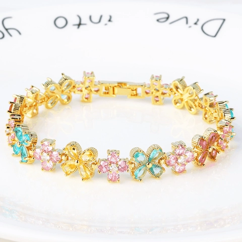 Colorful Zircon Flower Bracelet Copper Gold Plated Elegant Floral Jewelry For Women Sweet Minimalist Style