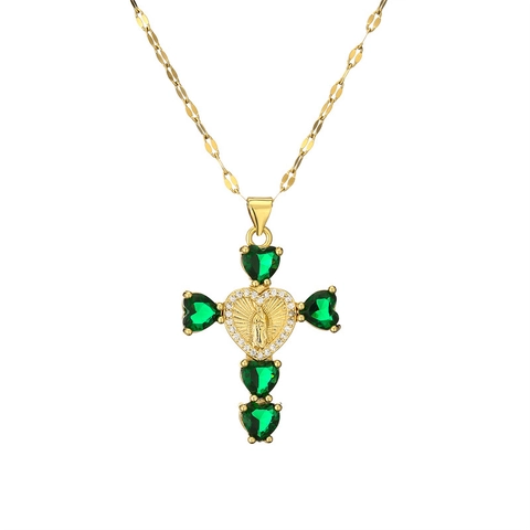 Collana con Pendente a Croce a Cuore della Vergine Maria Religiosa in Rame con Zirconi Micro Pavé Gioielli Oro Donna