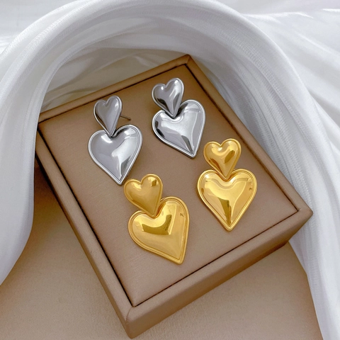 Polished Double Heart Stud Earrings Titanium Steel Minimalist Style Jewelry For Women Banquet Elegant