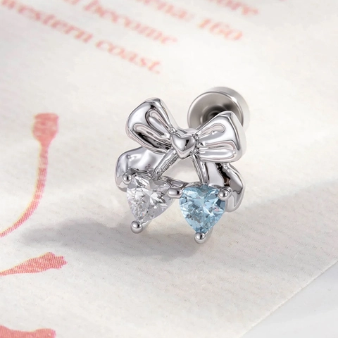 Bowknot Heart Ear Cartilage Stud Stainless Steel Cubic Zirconia Screw Back Piercing Earring Korean Style Jewelry Women