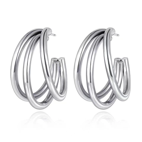 Drievoudige Ring C-Vormige Creolen Voor Dames Roestvrij Staal Minimalistisch Geometrisch Trendy Veelzijdige Sieraden