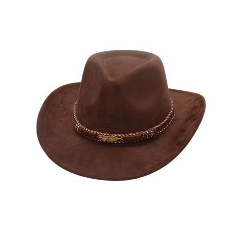 Vintage Faux Suede Western Cowboy Hat For Men Women Ethnic Woven Band Gold Feather Decor Wide Brim Fedora Jazz Hat Sunshade Travel Accessory
