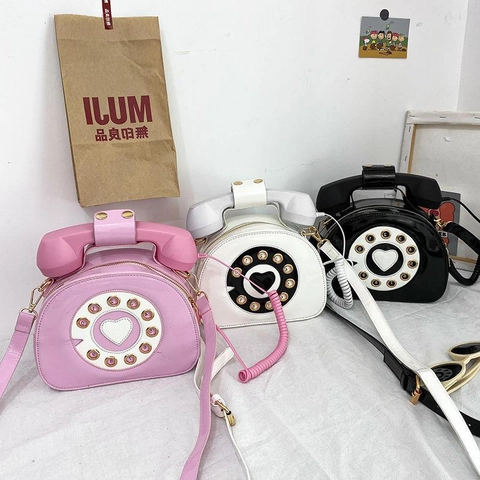 Women Creative Retro Telephone Shape Crossbody Bag PU Patent Leather Quirky Y2K Sweet Handbag Heart Dial Design