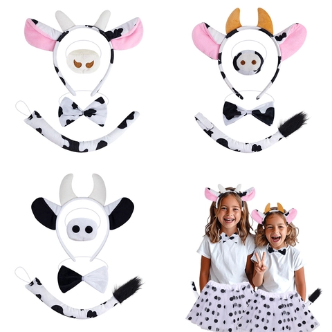 Cow Costume Accessories Headband Tail Bow Tie Nose Tutu Plush Fabric Halloween Party Cosplay Kids Girls Boys Cute Mascot