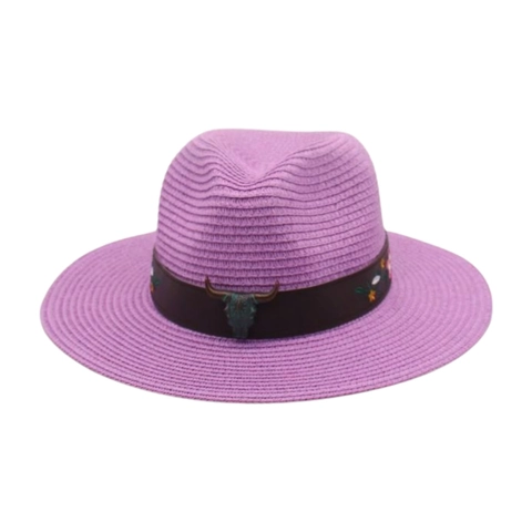 Wide Brim Straw Fedora Hat Bull Skull Metal Accessory Floral Embroidery Ethnic Western Cowboy Beach Sun Protection Sunhat