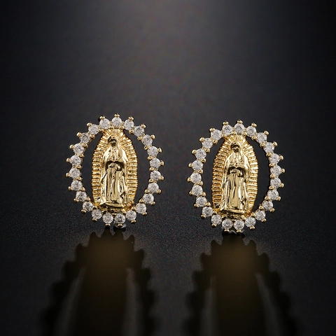 Our Lady Of Guadalupe Stud Earrings 18K Gold Plated Brass Virgin Mary Religious Jewelry With Colorful Cubic Zirconia