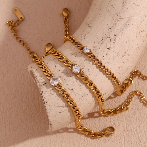 Cuban Link Chain Bracelet For Women 18K Gold Plated 316L Stainless Steel Inlaid With Round Water Drop Cubic Zirconia