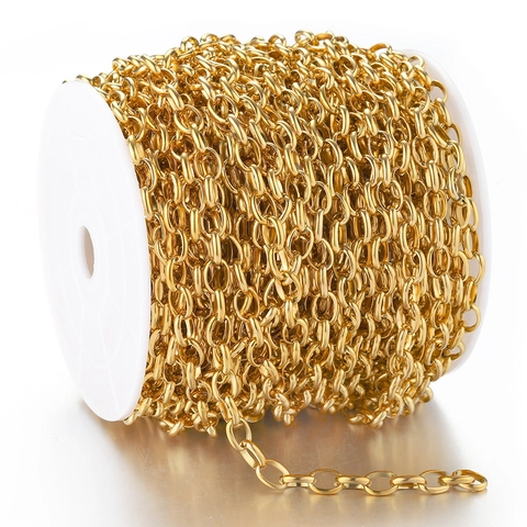 Cadena De Eslabones De Acero Inoxidable Ancha Plana Chapada En Oro Para Hacer Joyas De Bricolaje