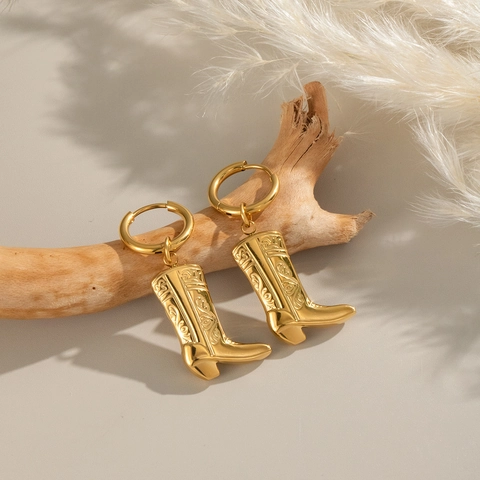 Cowboy Stiefel Hoop Dangle Ohrringe Graviert Edelstahl 18K Vergoldet Wasserdicht Hypoallergen Western Retro Schmuck