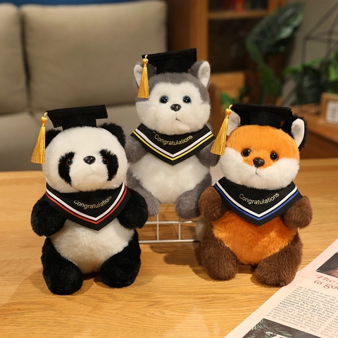 Abschluss Plüschtier Panda Husky Fuchs Puppe Weiches Spielzeug Mit Doktorhut Gelbe Quaste Glückwunschschärpe Gedenkgeschenk