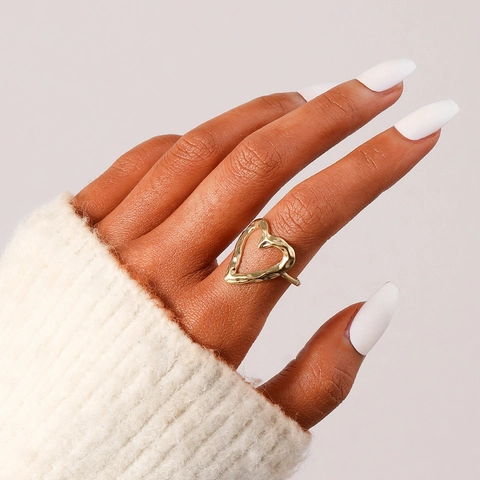 Anillo De Corazón Hueco Textura Martillada Ajustable Acero Inoxidable Elegante Joyería De Moda Para Mujeres