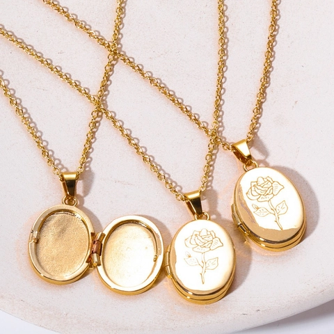 Collar De Relicario Ovalado Vintage De Cobre Bañado En Oro Grabado Flor De Rosa Marco De Fotos Joyería Para Mujeres