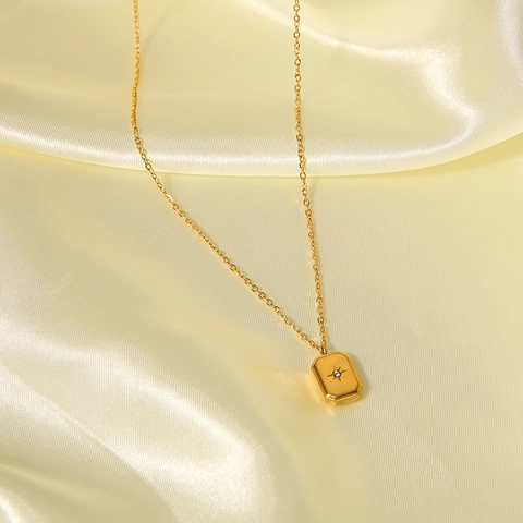 Octagram Star Pendant Necklace 18K Gold Plated Stainless Steel Geometric Rectangular Zircon Jewelry For Women