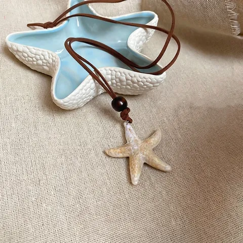Collier Pendentif Étoile De Mer Résine Perles En Bois Corde Cuir Plage Vacances Style Boho Femmes