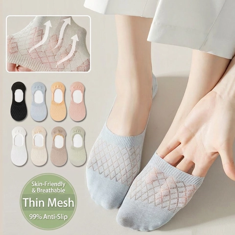 Women No Show Socks Invisible Boat Socks Breathable Mesh Cotton Blend Non Slip Silicone Heel Summer Thin Casual Solid Color