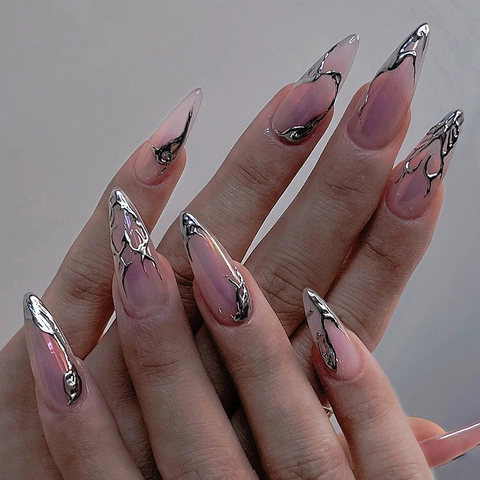 Kunstnagels Press On 3D Vloeibaar Metaal Zilver Roze Gradiënt Amandel Stiletto Y2K Chic Manicure Voor Dames