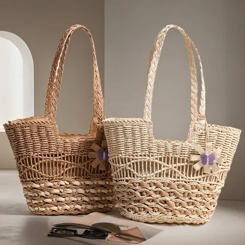 Bolso De Hombro De Paja Para Mujer Calado Gran Capacidad Decoración De Flores Bolso De Playa Vacaciones