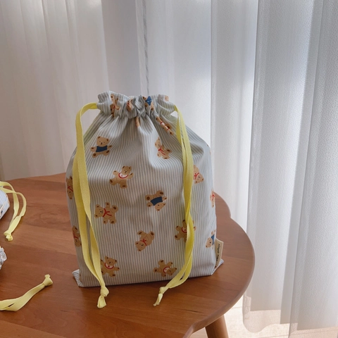 Drawstring Buidel Puur Katoen Opbergtas Blauw Gestreept Berenprint Reis Make-up Organizer Draagbaar