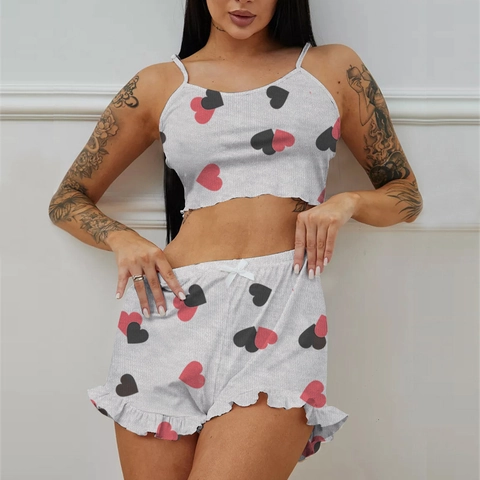 Pigiama Donna Top Con Spalline E Pantaloncini Con Volant Maglia Poliestere A Costine Stampa Cuore Corona Loungewear
