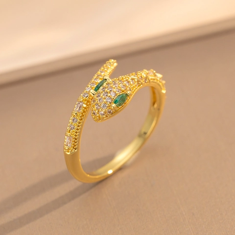 Schlangenring Kupfer Zirkonia Eingelegt Offen Verstellbar Luxus Mode Schmuck Grüne Augen Design Damen Fingerschmuck