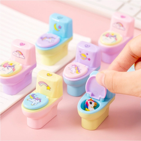 Mini Toilette Bleistiftanspitzer Und Radiergummi Süße Einhorn Cartoon Manuelle Desktop Schreibwaren Für Schulkinder