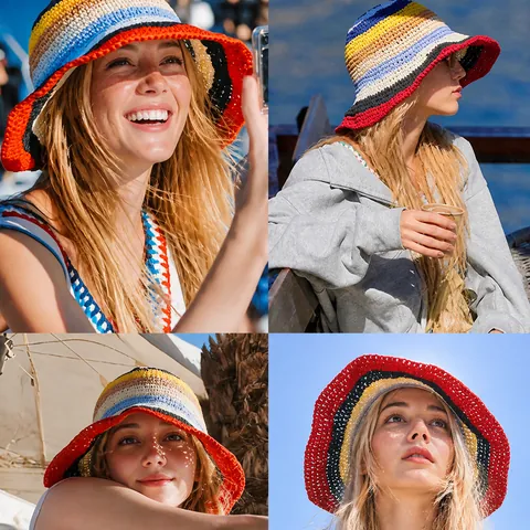 Handmade Woven Rainbow Striped Sun Hat Women Summer Beach Foldable Breathable Wide Brim Bucket Hat Bohemian Style
