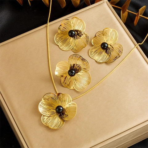 Hollow Flower Artificial Pearl Stainless Steel Necklace Earrings Ring Floral Elegant Women Fashion Accessory Jewelry