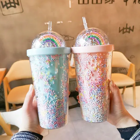 Plastic Double Layer Straw Cup Rainbow Dome Lid Colorful Foam Beads Star Sequins Reusable Ins Style Tumbler For Girls