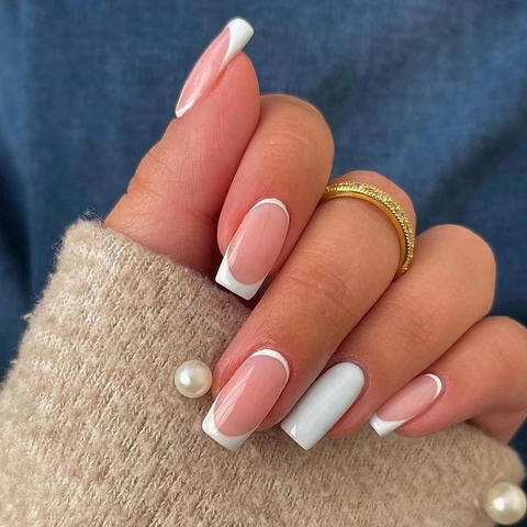 White French Tip Press On Nails Square Nude Pink Glossy Artificial False Fingernails For Women Elegant Manicure
