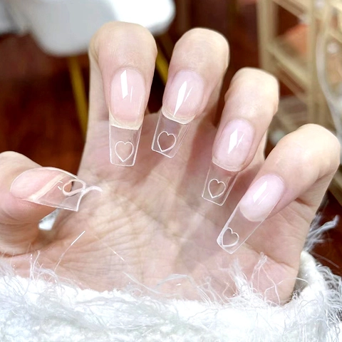 Unghie Finte Trapezoidali Cuore Scavato ABS Trasparente Naturale Forma Bara Stile Francese Ultrasottile Strumento Fai Da Te