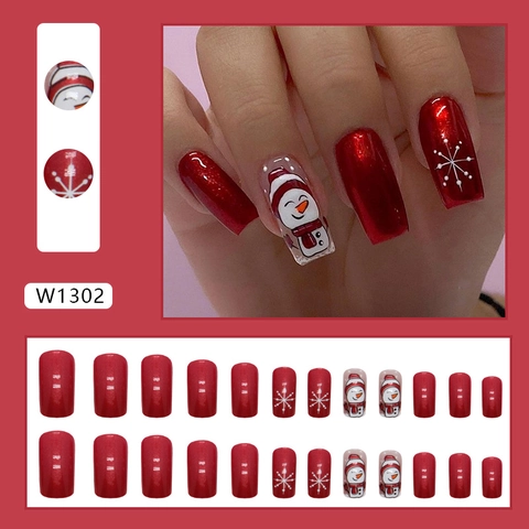 Christmas Snowman Snowflake Press On Nails Red Glitter Glossy Square Plastic Fake Nails Winter Holiday For Women