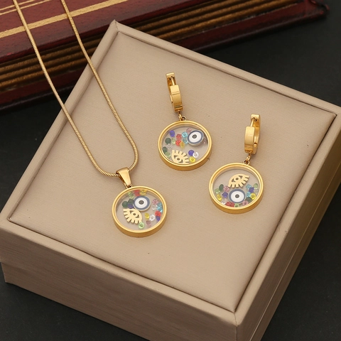 Evil Eye Schmuckset Edelstahl Blumenhalskette Ohrringe Böhmisch Bunte Steine Vergoldet Für Damen