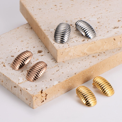Boucles D Oreilles Ovales Minimalistes Pour Femmes Rétro 304 Acier Inoxidable Texture Nervurée Métallique Élégant