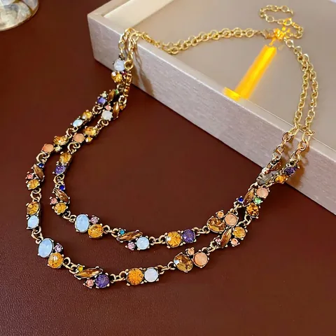 Collier Ras Du Cou À Rangs Alliage Strass Colorés Rétro Style Français Bijoux De Luxe Pour Femmes