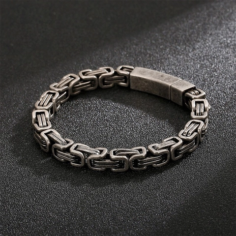 Men Byzantine Chain Bracelet 316L Stainless Steel Vintage Antique Silver Retro Punk Square Link Jewelry With Clasp